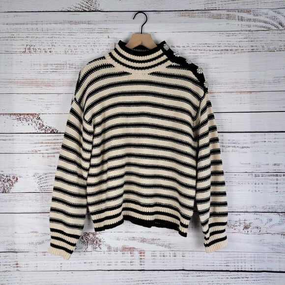 J.Crew Striped Mockneck Sweater Size L Jewel Rhinestone Twee Glam Preppy Heavy - Picture 1 of 10